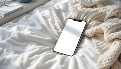 Cozy Phone Mockup on Bed: Modern Lifestyle Concept