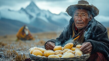 aymara man preparing chuo freezedried potatoes on frosted ground