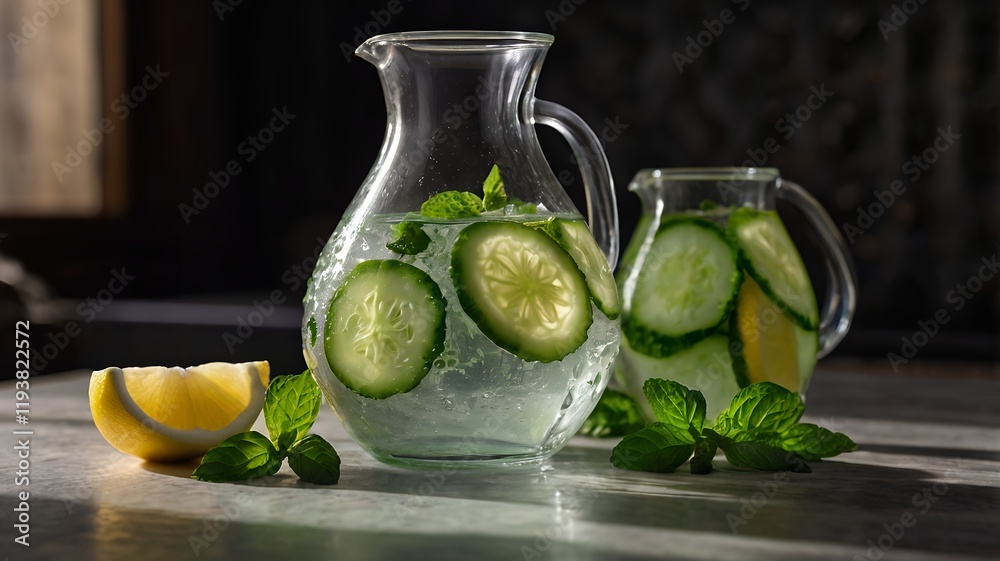 Poster A glass carafe filled with water, infused with cucumber slices, lemon, and mint leaves.