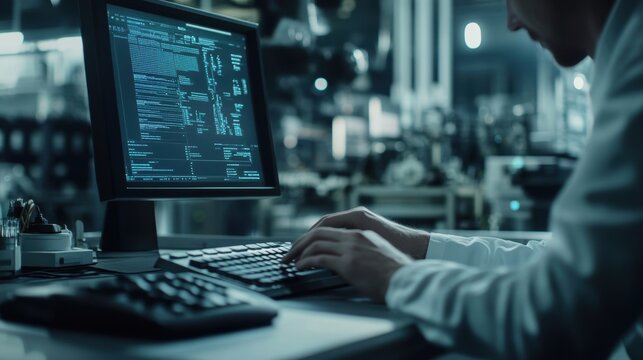 A closeup shot of an employees hands typing on a keyboard with a network encryption status window open on the monitor surrounded by the subtle but active environment of a hightech factory.