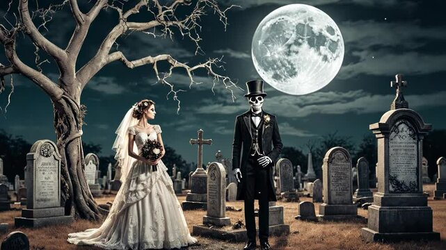Eerie Night Wedding: Bride and Skeleton Groom Under a Full Moon