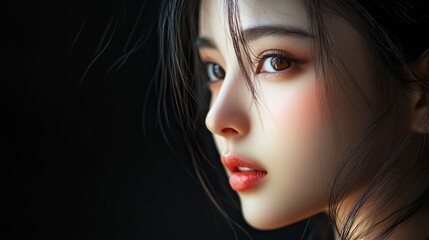 Fototapeta premium Studio portrait of a young beautiful model looking Asian woman on black background with copy space