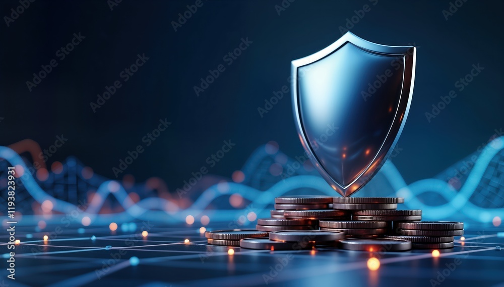 Leinwandbilder shiny metal shield rests on stack of coins. glowing lines create tech network background. dark blue 