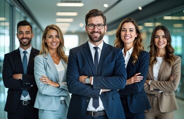 Business people stand in row. They are in modern office. They are wearing business suits. They are smiling. They are happy. They show unity and team spirit. Photo depicts corporate environment.