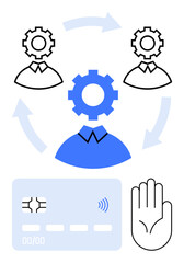Gearheads representing collaboration and flow, blue gear symbolizing automation, credit card for digital payments, and hand outline for biometric security. Ideal for finance, tech, teamwork