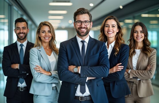 Business people stand in row. They are in modern office. They are wearing business suits. They are smiling. They are happy. They show unity and team spirit. Photo depicts corporate environment. - Powered by Adobe