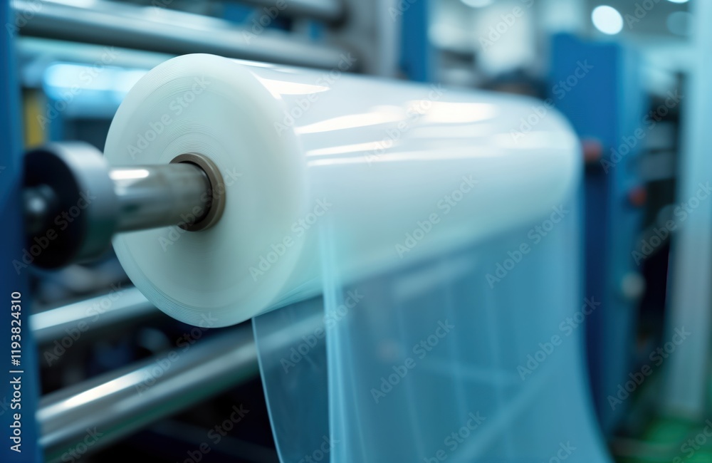 Poster automated plastic bag production machine operates smoothly. close-up of large plastic roll. industri