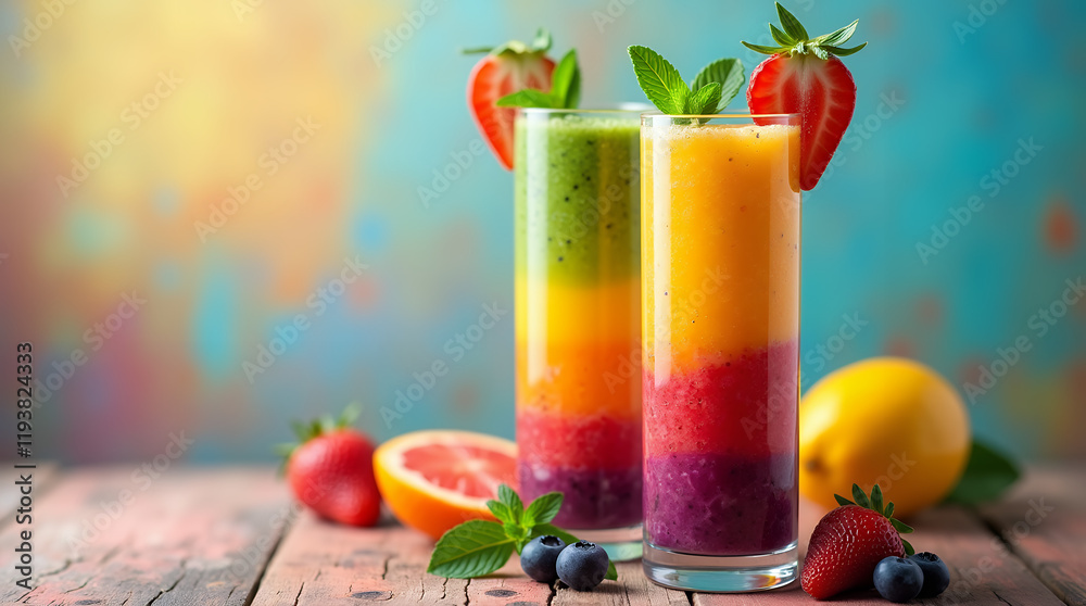 Poster A tall transparent glass filled with layered rainbow smoothies 