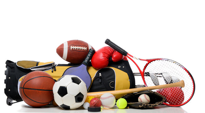 Large group of sports equipment on a white background