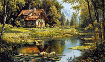 Fototapeta premium Serene landscape with a house situated in front of a tranquil pond, water, calmness, serene landscape