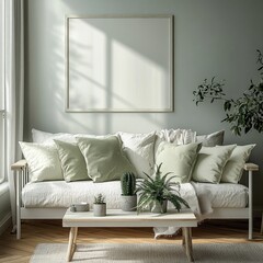 Minimalist Scandinavian Living Room Mockup Poster with White Sofa Light Green Cushions and Natural Light