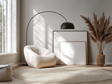 Minimalist cozy armchair with arc lamp in bright living room interior design