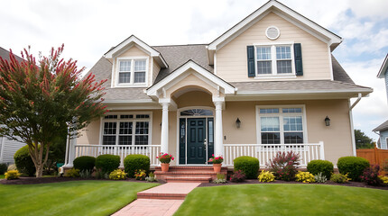Fototapeta premium Dream Suburban Home: Elegant Exterior, Landscaped Garden, and Inviting Porch. Perfect Family House in a Quiet Neighborhood.