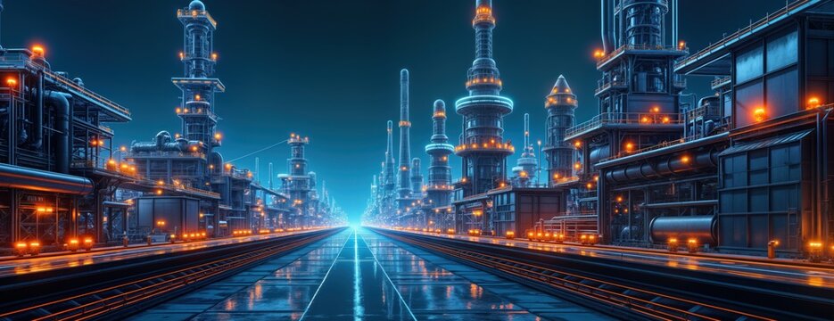 Futuristic industrial complex. Neon lights illuminate tech building structures. Metal pipes, power distribution systems visible. High detail design, architecture. Construction, engineering facility