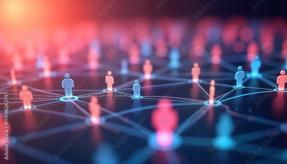Poster Abstract illustration shows interconnected figures representing social media organizational connections. Lines, glowing dots connect figures creating complex network. Conceptual image of tech