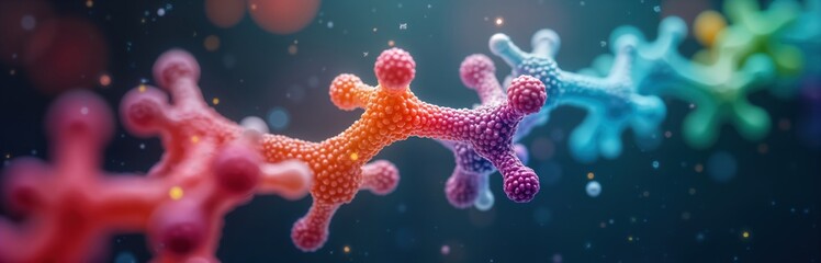 Colorful molecular model of enzymes speeding up chemical reaction. Multicolored structures represent complex molecular structures. Illustration designed for science education biotech industry.