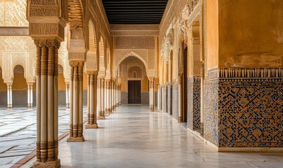 A Row of Ornate Marble Columns in an Ancient Hallway