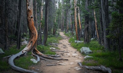 A rugged trail cutting through a thick forest of twisted trees, overgrown, nature, adventure, twisted trees, trail