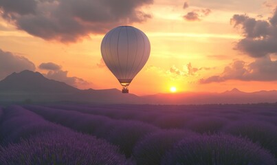 Obraz premium Hot Air Balloon Soaring Over Lavender Fields At Sunset