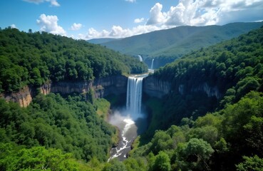 Breathtaking waterfall cascading down cliff in green forest. Extraordinary natural scene in Brazilian park. Scenic landscape view with clear blue sky. Beautiful summer day in rainforest. Paradise for