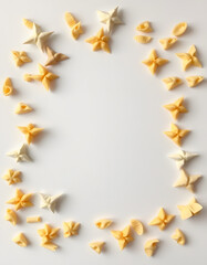 Frame made of different uncooked pasta on light background, origami. isolated with white highlights