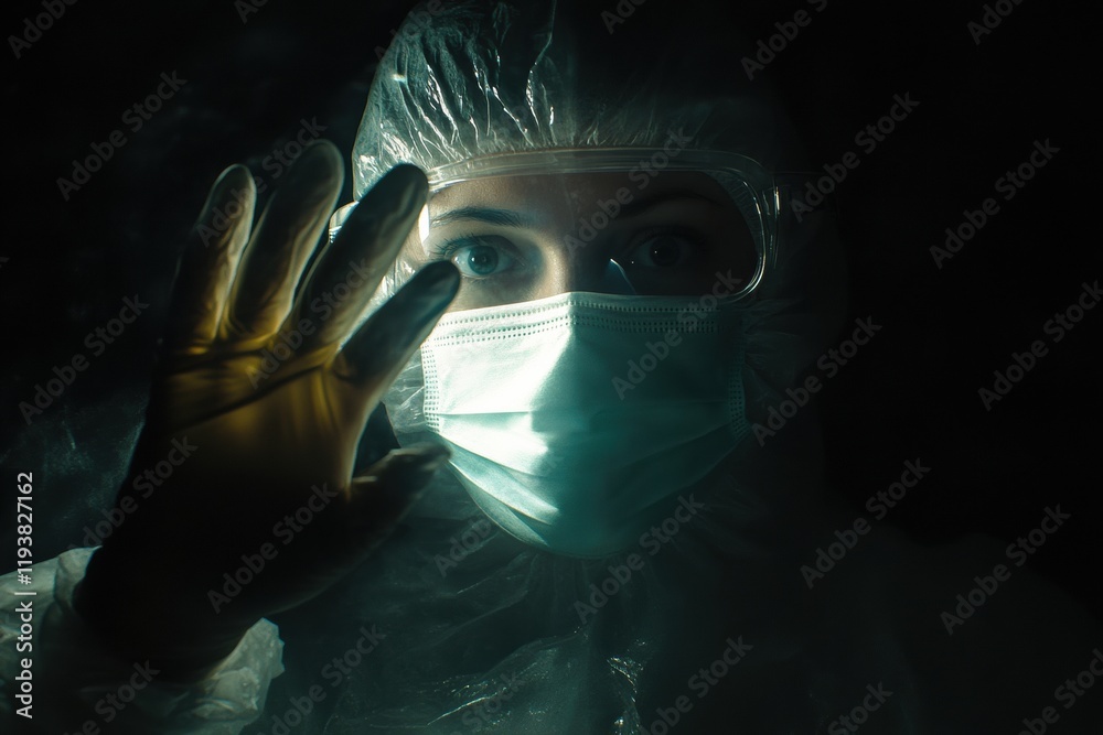 Poster Healthcare worker wearing mask and gloves with background of fading viruses in dark environment. Generative AI