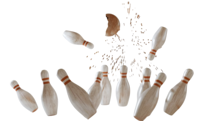 Bowling ball striking pins with motion effect, isolated on white background