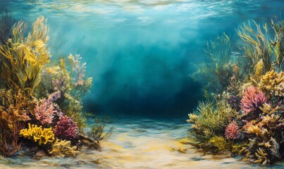 Shallow waters with vibrant coral and attached algae creating a unique underwater environment , ocean floor, aquatic landscape