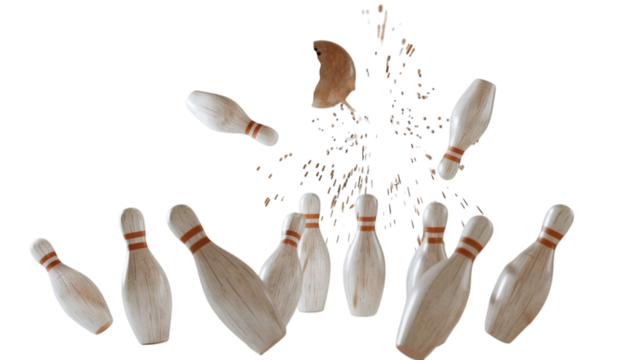 Bowling ball striking pins with motion effect, isolated on white background