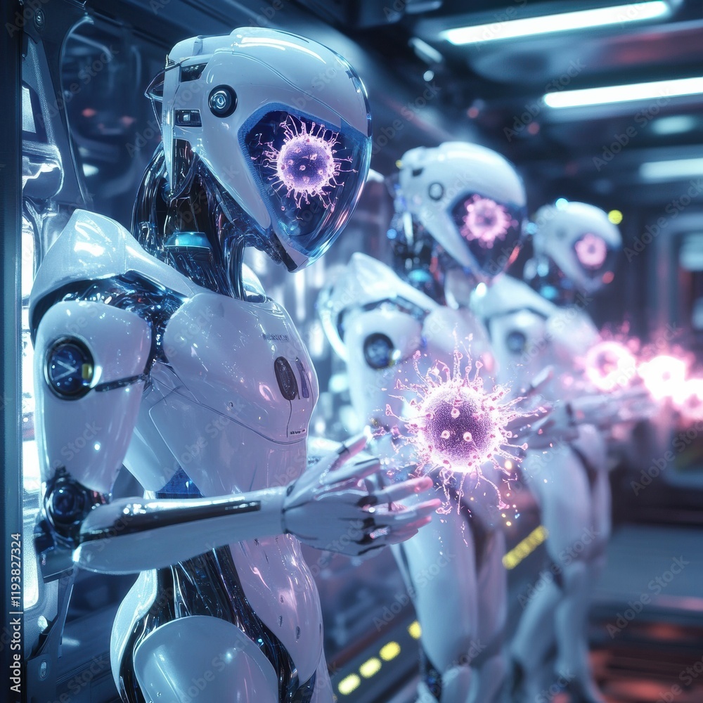 Aufkleber Robots working in a high tech lab to neutralize viruses with advanced technology. Generative AI