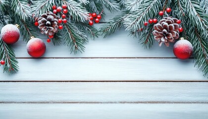 Winter Pine Branches with Red Ornaments and Snow on Rustic Wooden Background