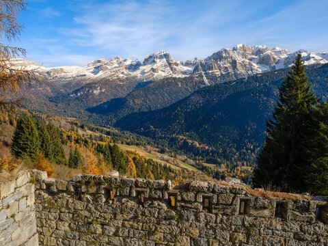 View from Fort Clemp towards the Dolomiti di Brenta in the Parco Naturale Adamello Brenta, part of UNESCO World Heritage Site. Dolomites, in the province of Trentino in Italy.