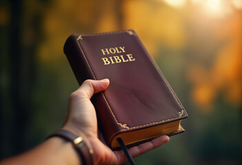 Person holds Holy Bible outdoors. Gentle sunlight. Symbolic prayer position. Spiritual moment. Faithful person holding holy scripture. Blurred background. Outdoor setting. Quiet, contemplative