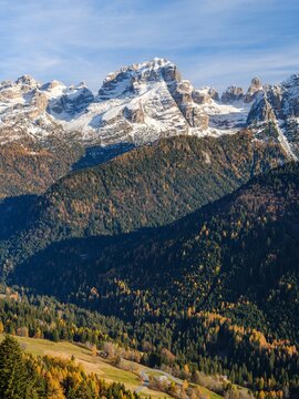 View from Fort Clemp towards the Dolomiti di Brenta in the Parco Naturale Adamello Brenta, part of UNESCO World Heritage Site. Dolomites, in the province of Trentino in Italy.