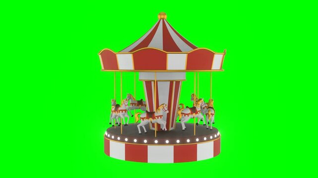 looped 3d carousel with red and white stripes on green screen. animation of carousel with horses