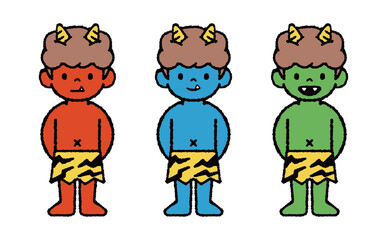 可愛い赤鬼・青鬼・緑鬼イラスト
