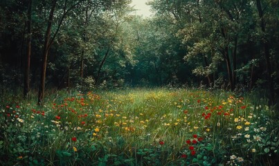 A serene and peaceful forest filled with lush greenery and vibrant wildflowers including red clove