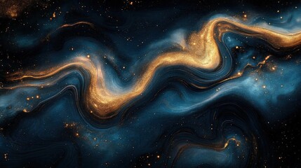 Abstract cosmic swirl with gold glitter and blue nebula, elegant galaxy background
