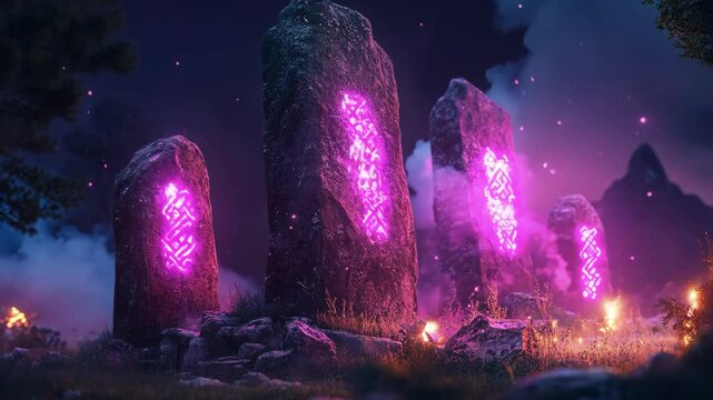 Mystical Glowing Rune Stones at Night Seamless Loop Background