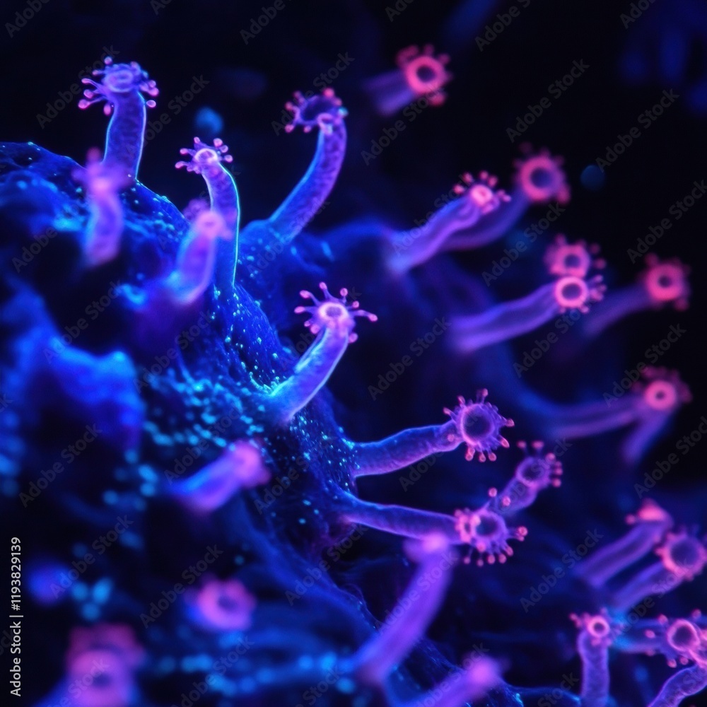 Fototapete glowing bacteria under uv light displaying vibrant colors and intricate forms in a dark environment 