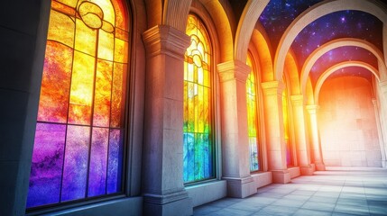 Obraz premium Rainbow Stained Glass Hallway Celestial Ceiling