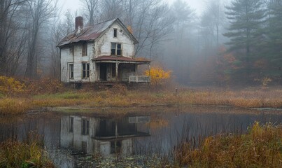 Fototapeta premium Abandoned House by a Foggy Lake in the Woods