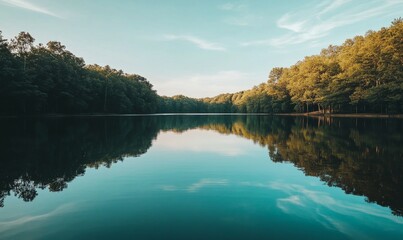 Obraz premium A serene lake with a still water surface reflecting the surrounding trees and sky, forest, calm water, outdoor, lake
