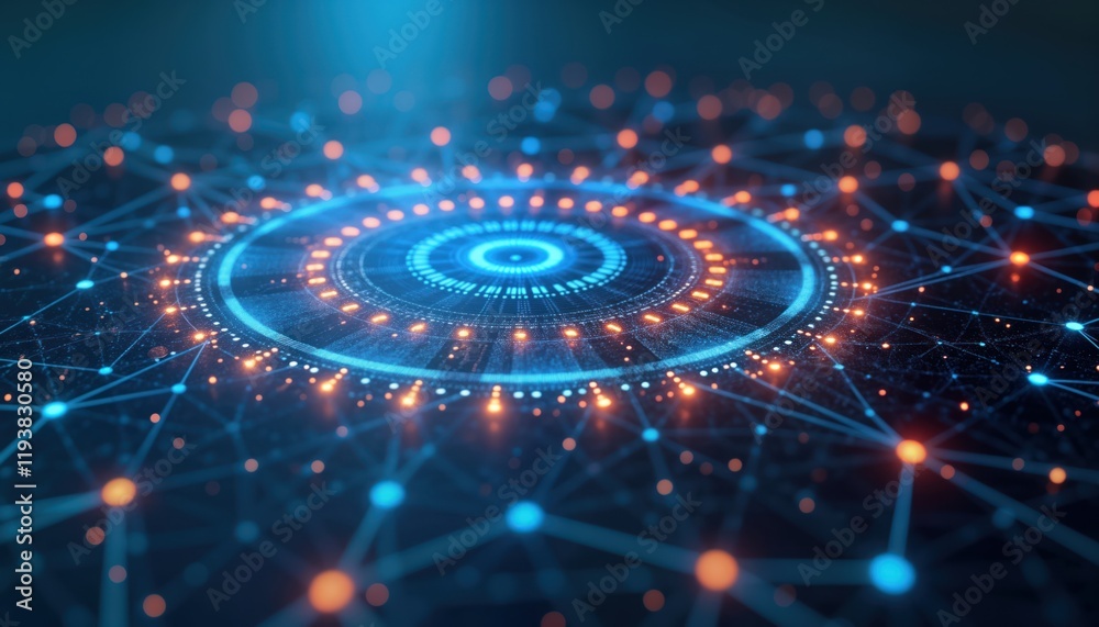 Aufkleber Futuristic visualization of interconnected blockchain networks. Complex digital network structure with glowing nodes, lines. Abstract graphic design concept for innovative tech systems, future