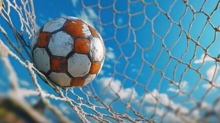 Naklejka premium Soccer Ball in Goal Net Under Blue Sky in Stadium with Dramatic Lighting and Perspective