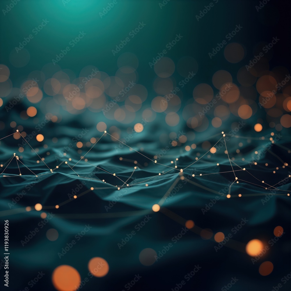 Poster Abstract dark background with polygonal shapes, glowing connections. Stylish tech design. Complex network of interconnected points, lines. Futuristic concept for business science. Modern design for