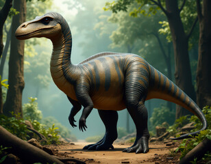 Fototapeta premium A realistic representation of a dinosaur of the Hadrosaurus species immersed in a lush forest environment, evoking a prehistoric atmosphere.