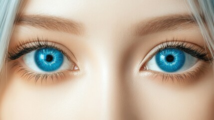 Obraz premium A close-up view of striking bright blue eyes belonging to a young individual with long eyelashes and light-colored hair