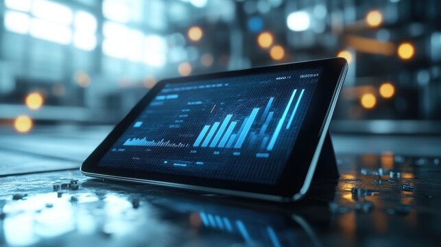 Closeup of a tablet screen displaying a bar graph illustrating a significant decline in carbon emissions the device resting against a textured concrete surface with hints of factory