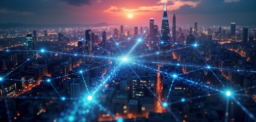 Obraz premium Futuristic smart city at night. Modern city skyline with communication network connections. Big data transmission between buildings. Concept of future tech infrastructure, wireless communication.